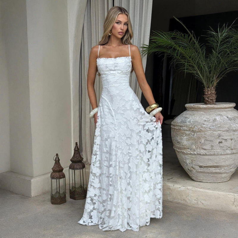 Women's Elegant Lace Sexy Backless Spaghetti Straps Dress