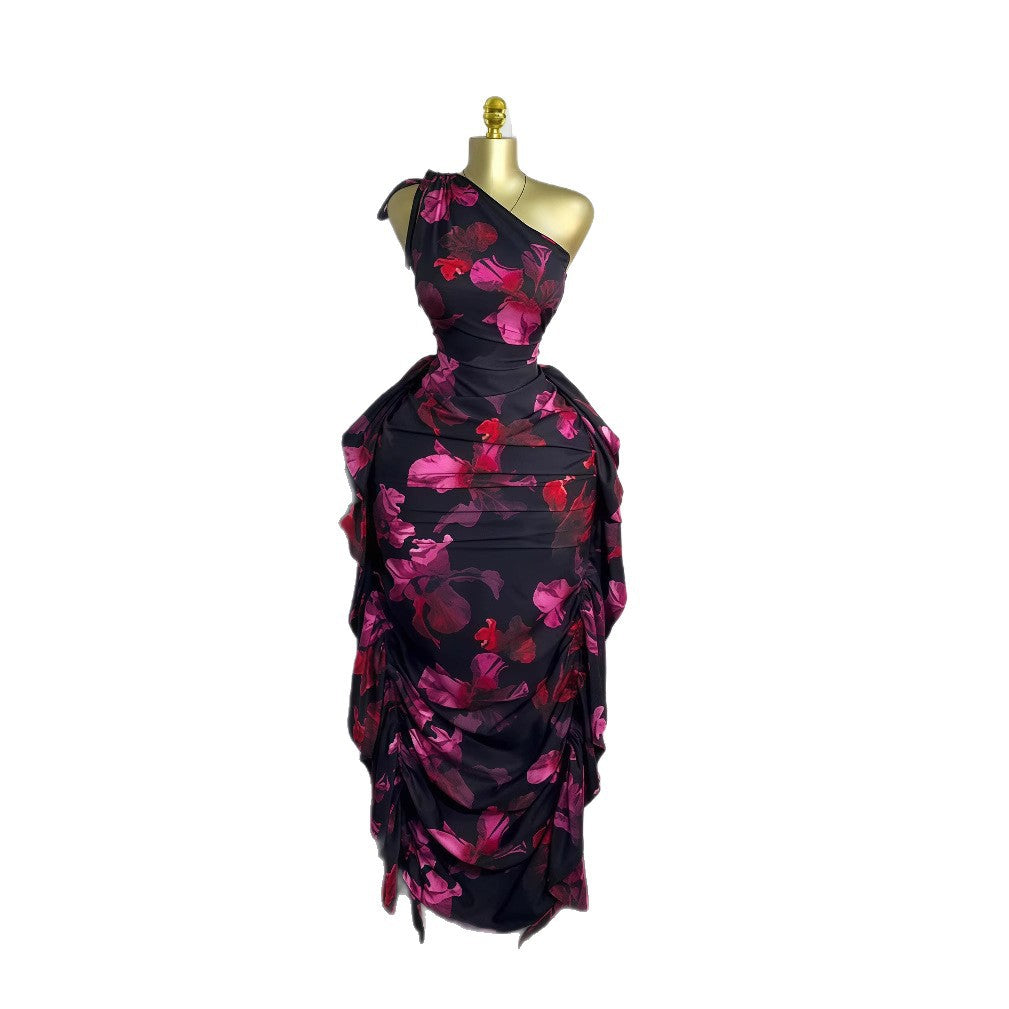 Women's Sleeveless Diagonal Collar Printed Tied Lotus Dress