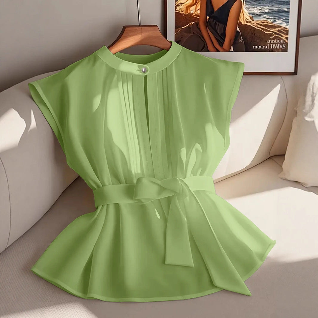 Women's Solid Color Sleeveless With Belt Pleated Blouse