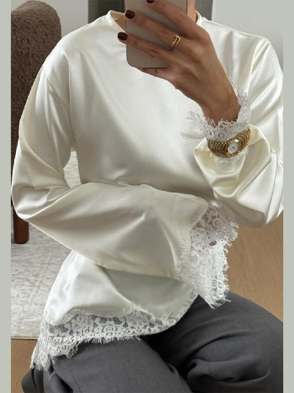 Women's Satin Lace Patchwork Round Neck Long Sleeves Tops