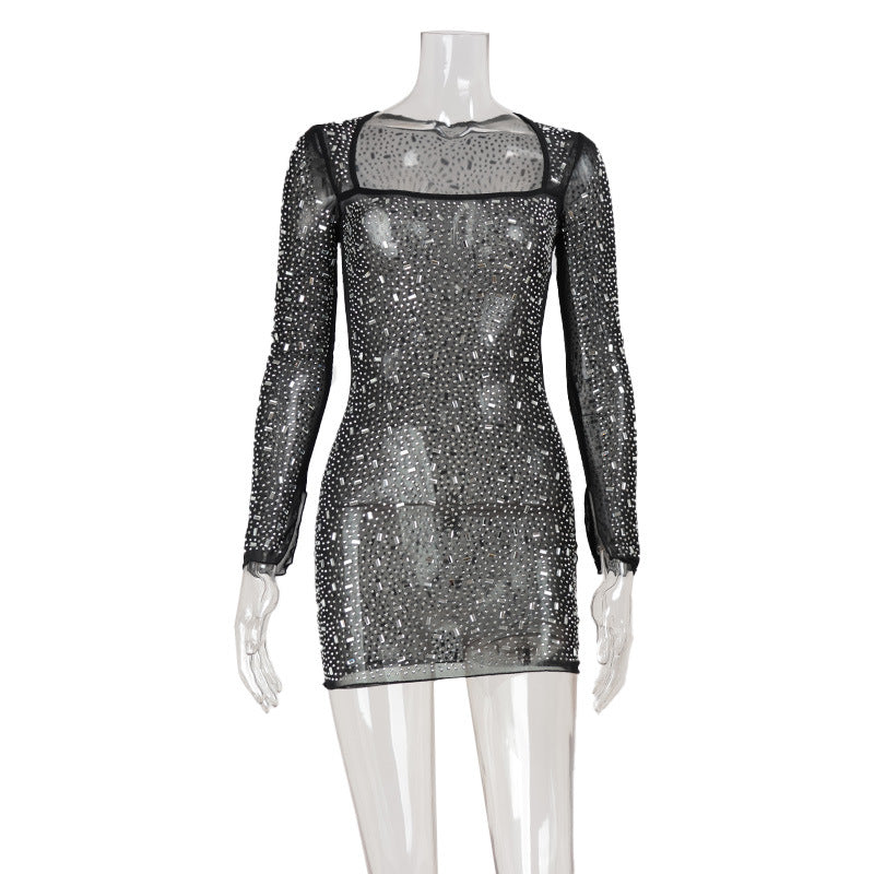 Women's Square Collar Long Sleeve Sheath Sexy Hot Light Dress