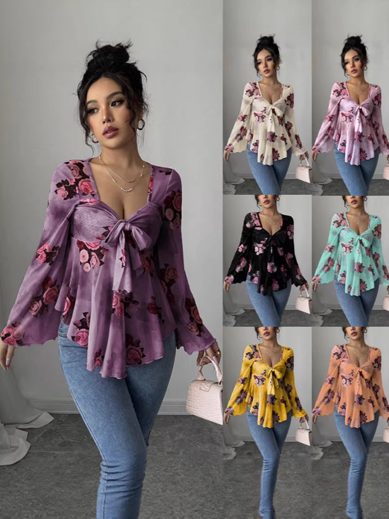 Design Sense French Sweet Flower Blooming Square Collar Long Blouse