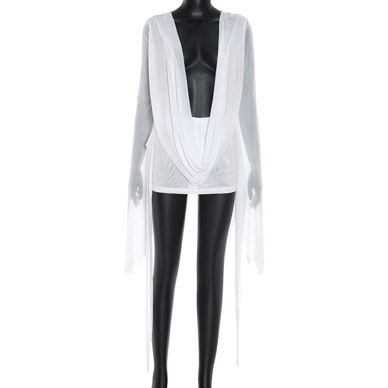 Women's Collar Wide Hem Long Sleeve Backless Shorts