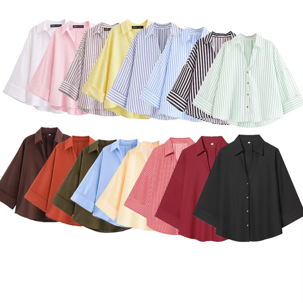 Women's Fashion Casual Lapel Striped Wide Sleeve Shirt Cotton Blouse