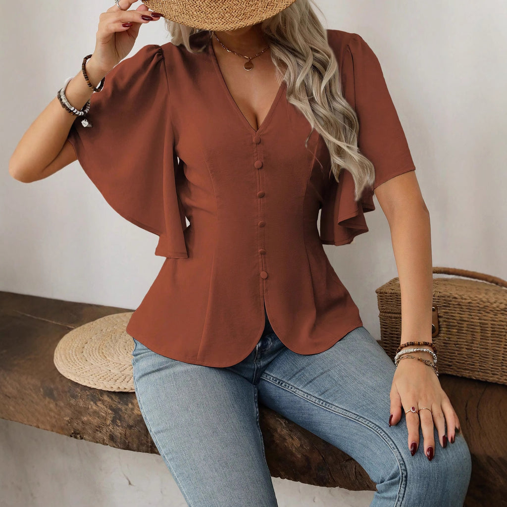 Women's Fashionable Elegant Style Deep Solid Color Single-breasted Waist Tops