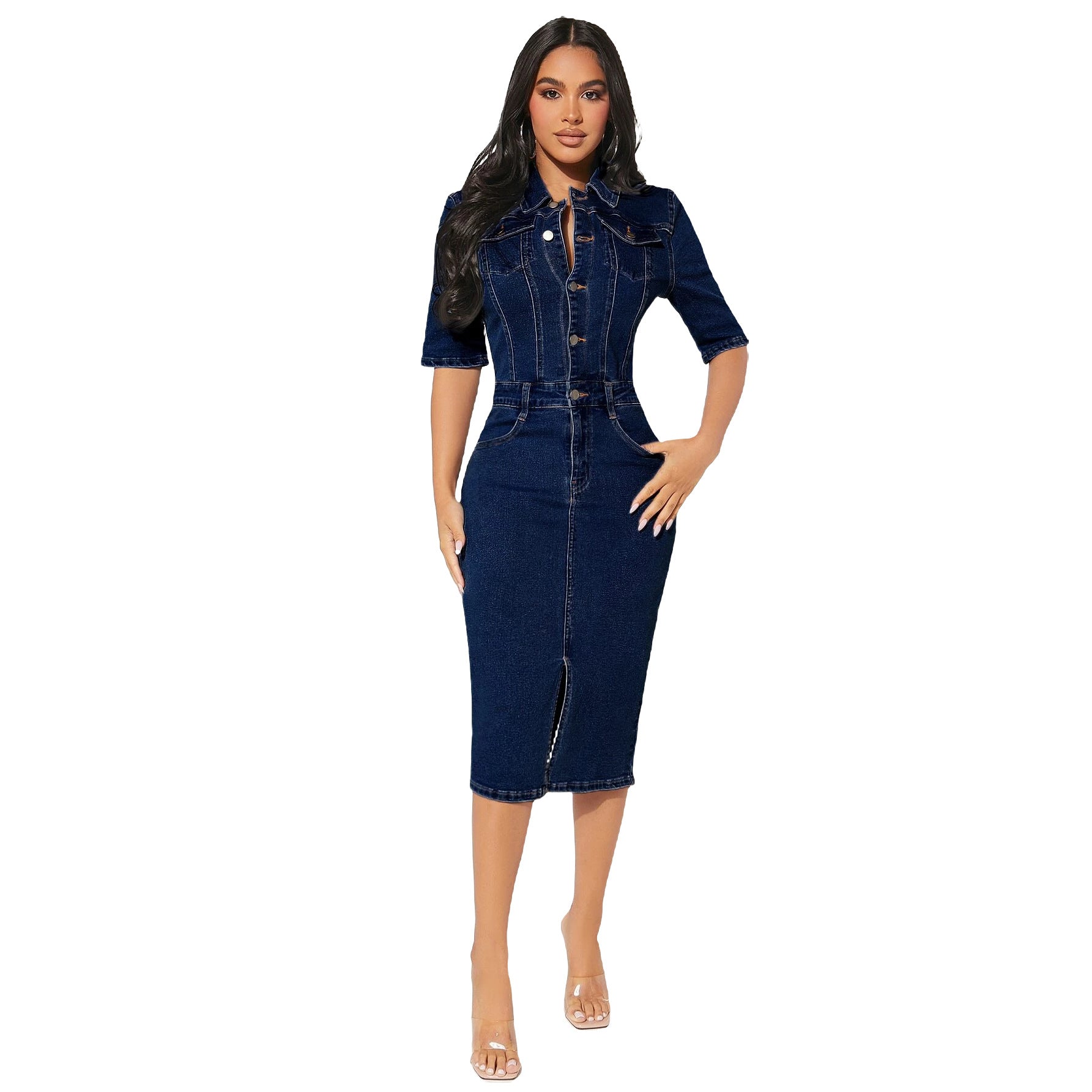 Sexy Elastic Breasted Denim One-piece Midi Skirts
