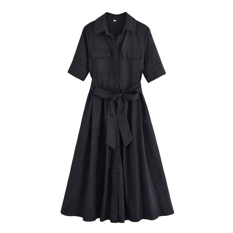 Fashion Polo Collar Single-breasted With Belt Shirt Dress