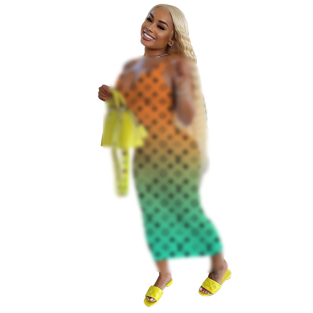 Women's Fashion Gradient Printing Small Sunken Stripe Dress