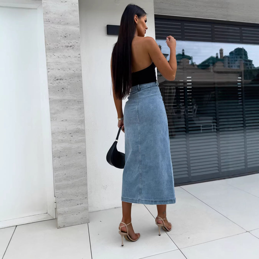 Women's Button Split Placket Denim High Waist Sexy Slim Fit Hip Skirt