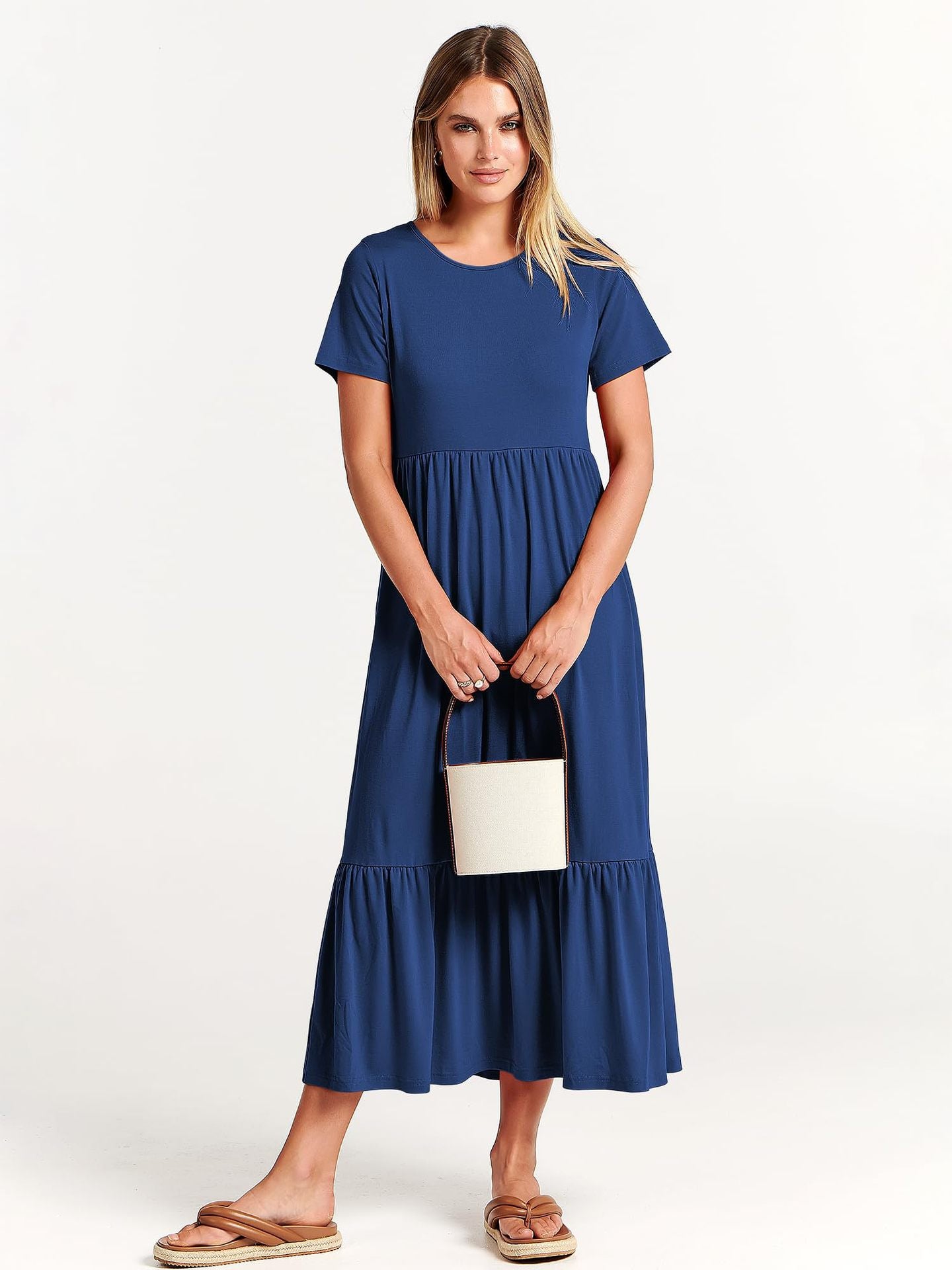 Women's Neck Pleating Solid Color Layered Large Swing Dress