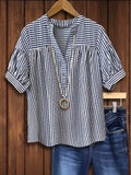 Women's Shirt Casual Striped Stitching Shrink Smocking Open Tube Blouse