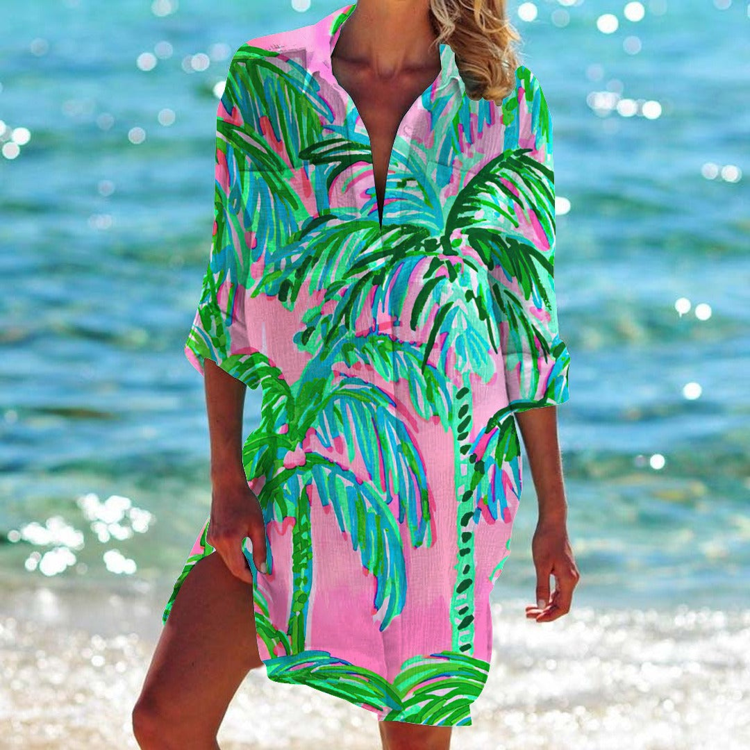 Women's Summer Printed Bikini Shirt Swimsuit Vacation Blouse