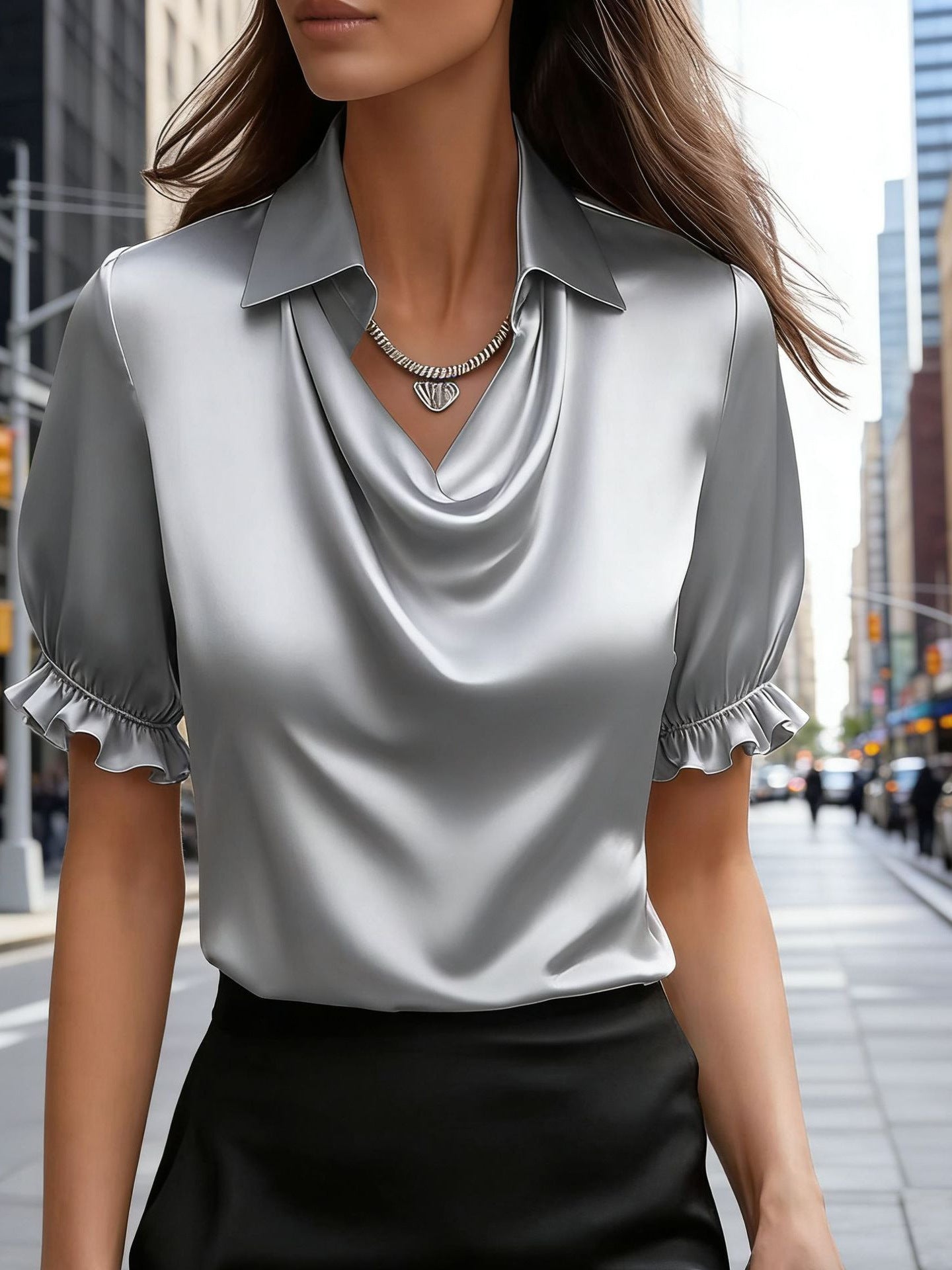 Women's Simple Graceful Swing Collar Shirt Sleeved Blouse