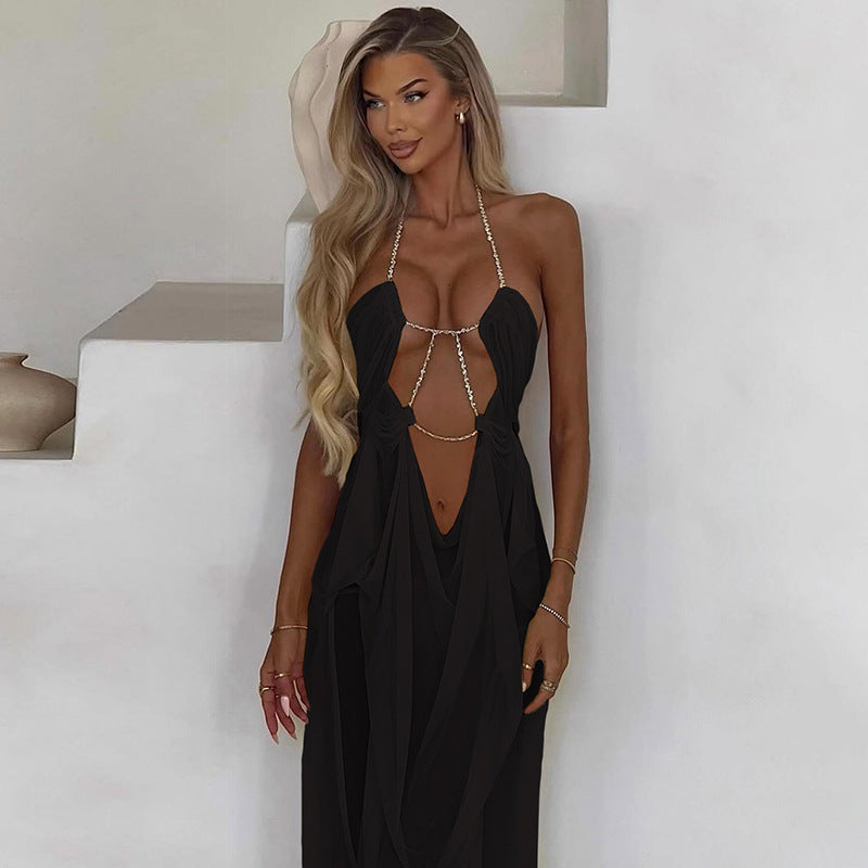 Women's Summer Vacation Style Sexy Hot Mesh Low-cut Halter Dress