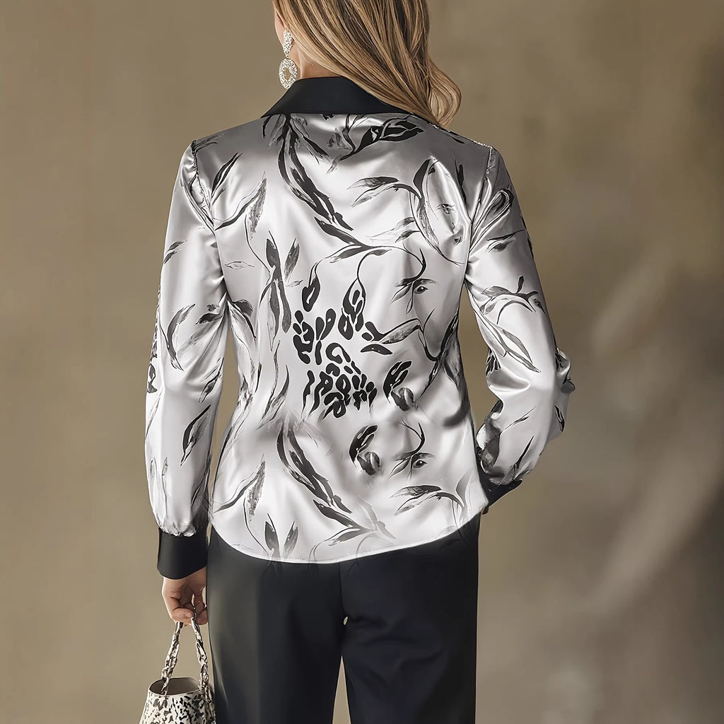 Women's Satin Printed Long Sleeve Shirt Blouse
