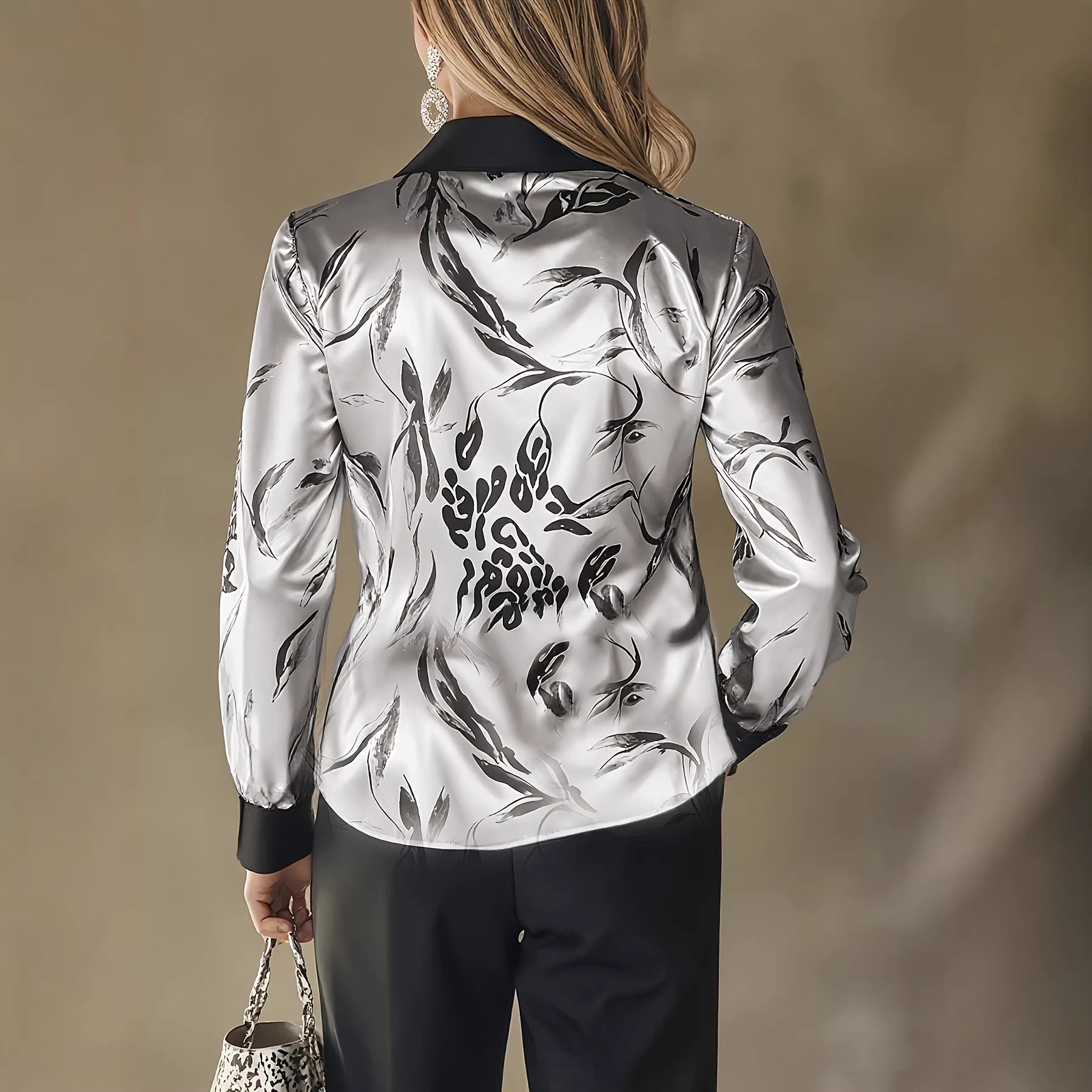 Women's Satin Printed Long Sleeve Shirt Blouse