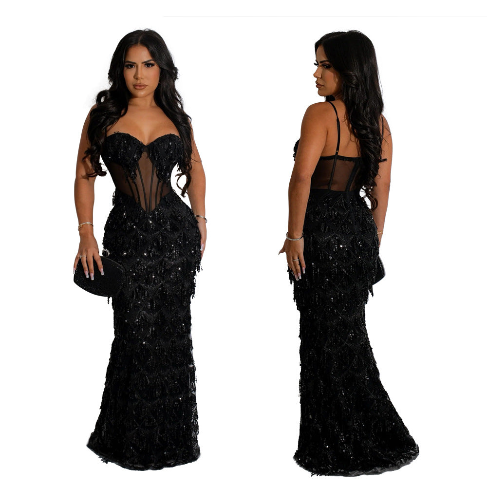 Women's Sequined Party Fashion Suspenders Sheath A- Dress