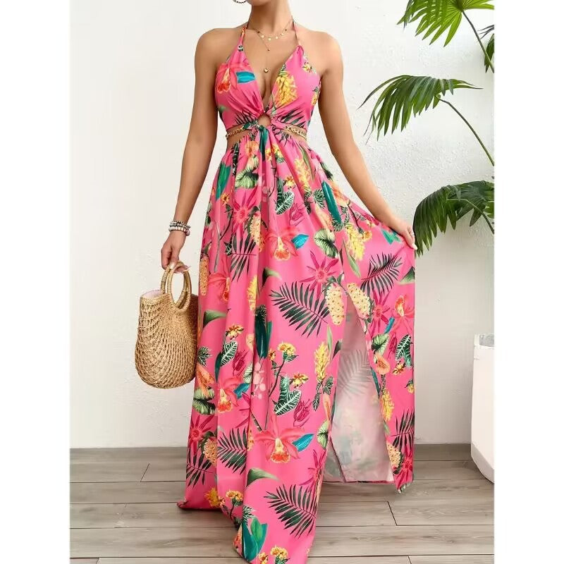 Women's Floral Backless Side Slit Suspender French Print Dress