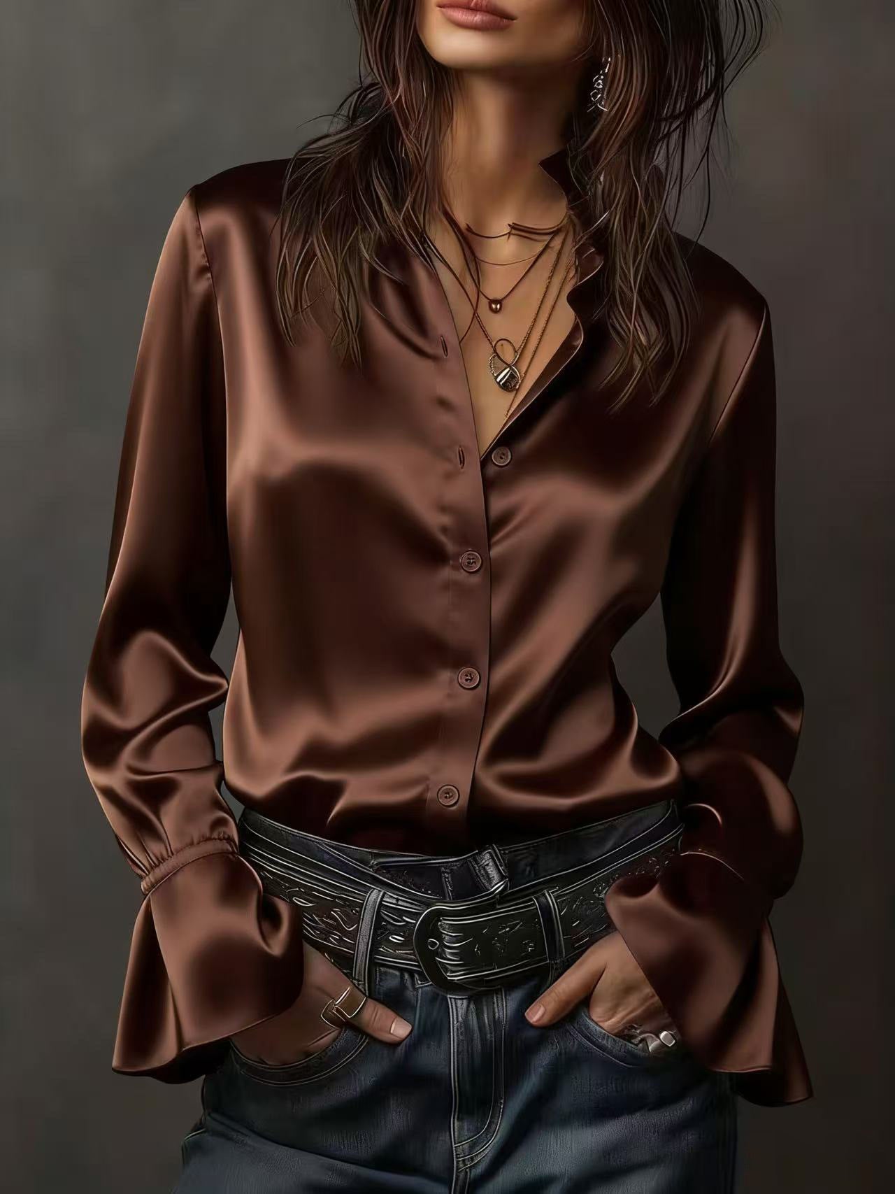 Women's Satin Silk Long Sleeve Business Casual Blouse