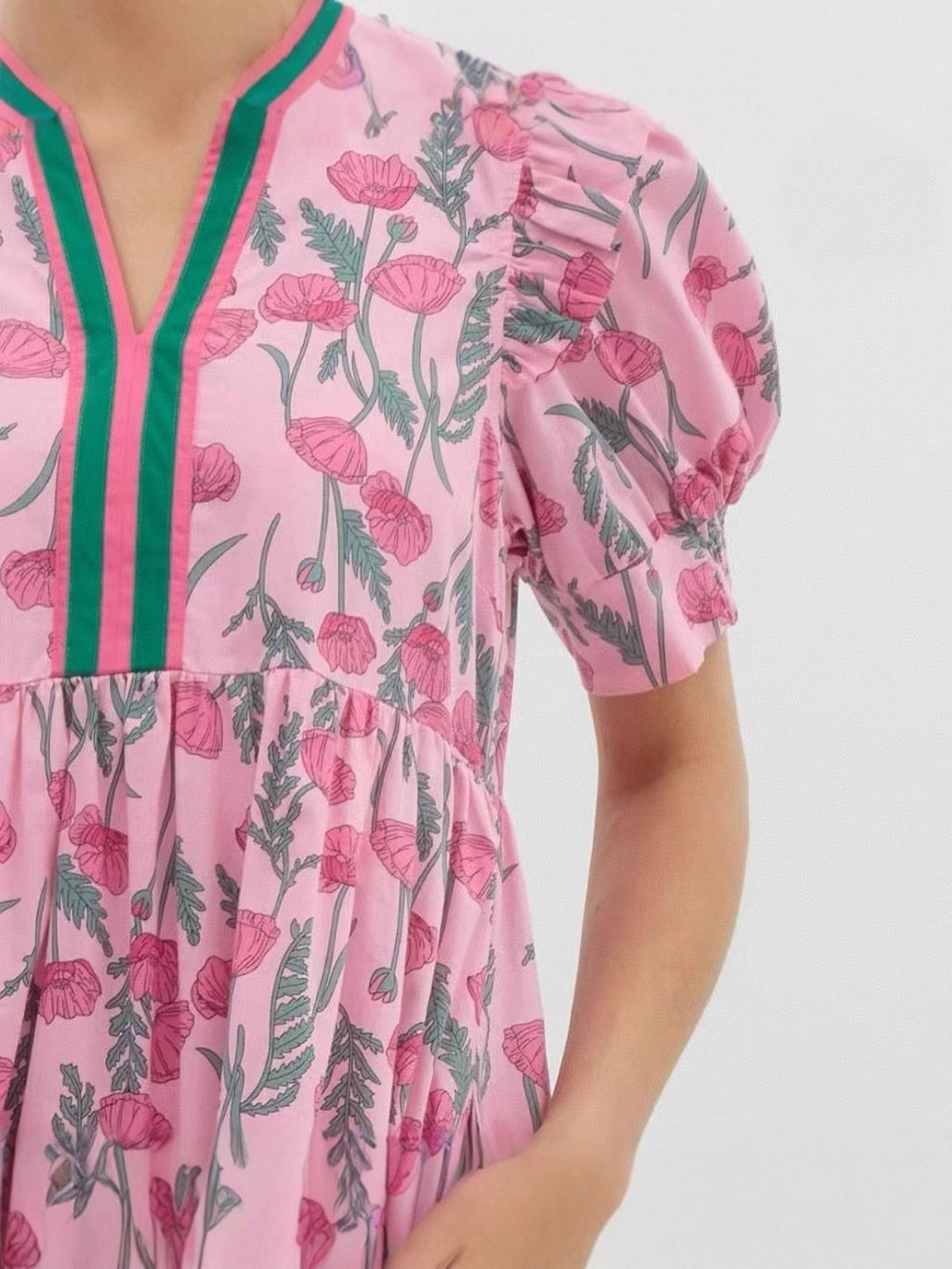 Rose Printed High Waist Puff Sleeve Dress