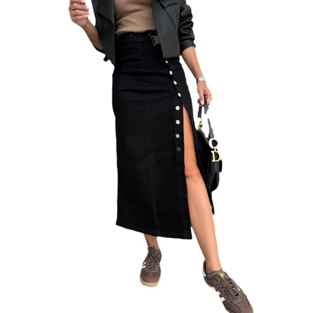 Women's Button Irregular Slit Denim High Waist Slim Hip Skirt