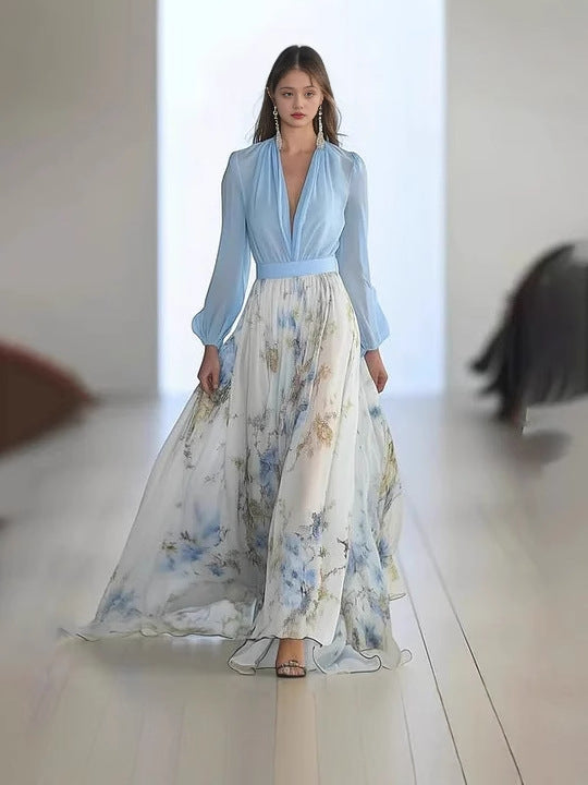 Women's Digital Printing Long Sleeve Collar Patchwork Dress