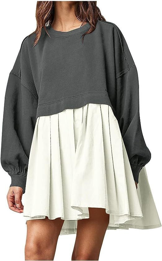 Women's Solid Color Long Sleeve Stitching Loose-fitting Dress