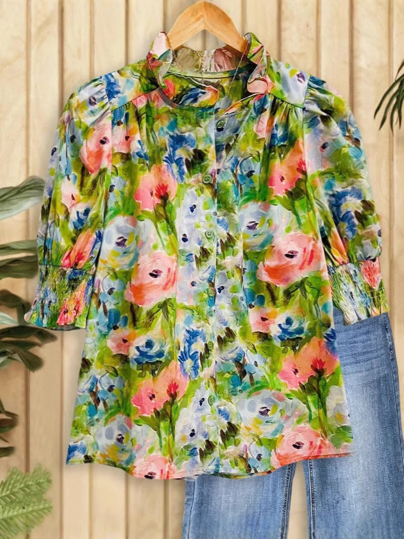 Women's Fashion Flower Print Loose Half Sleeve Blouse