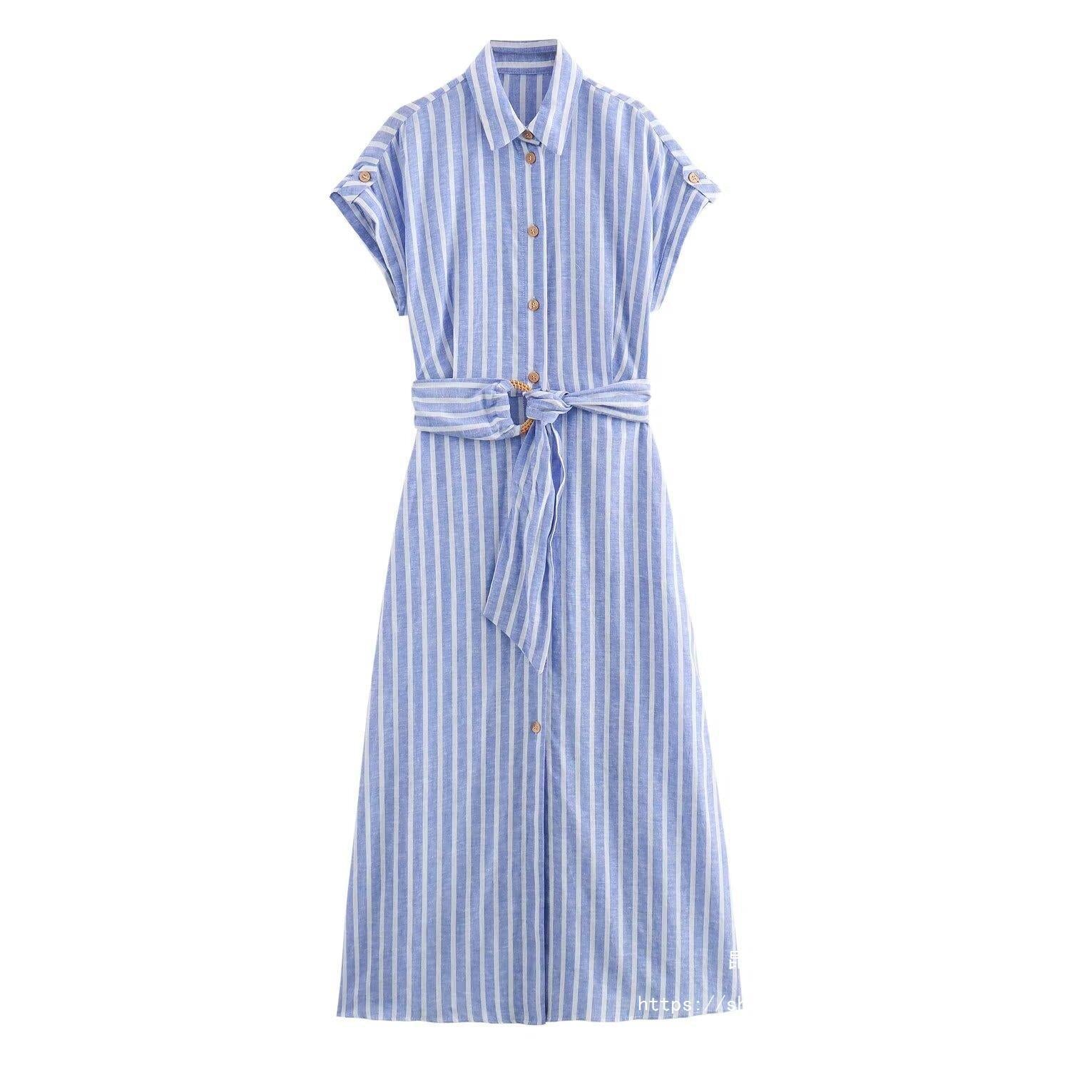 Women's Linen Blended Striped Picture Color Personality Dress