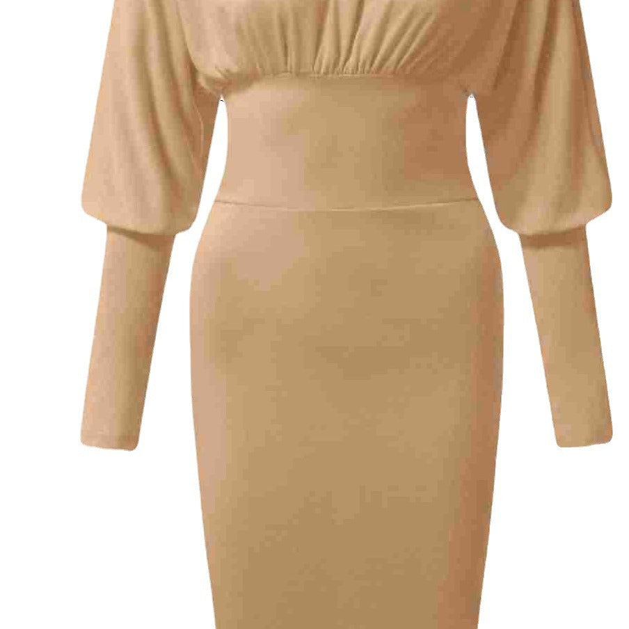 Women's Solid Color Lantern Sleeve High Waist Hip Dress