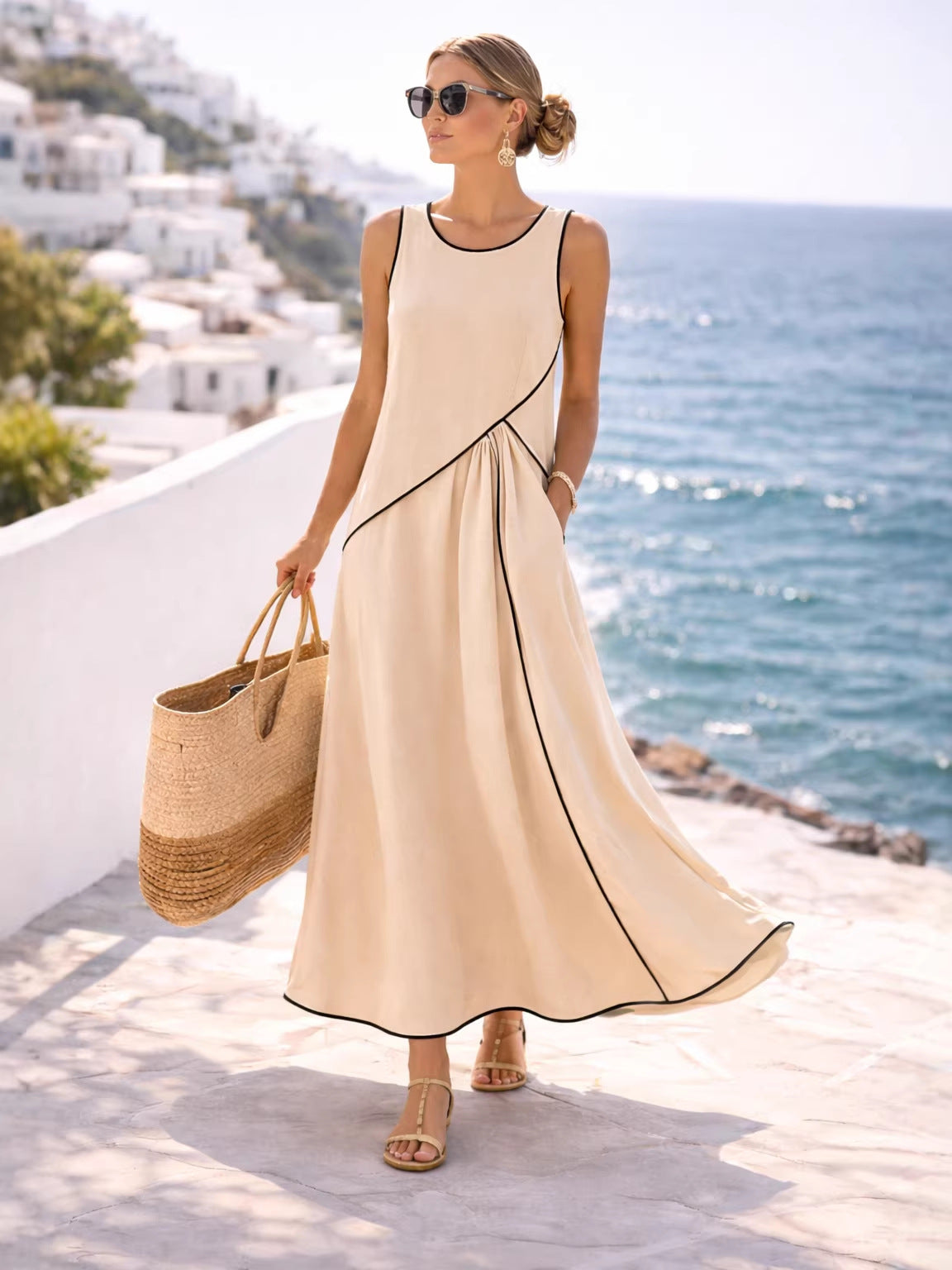 Women's Mediterranean Vacation Style Contrast Color Binding A- Dress
