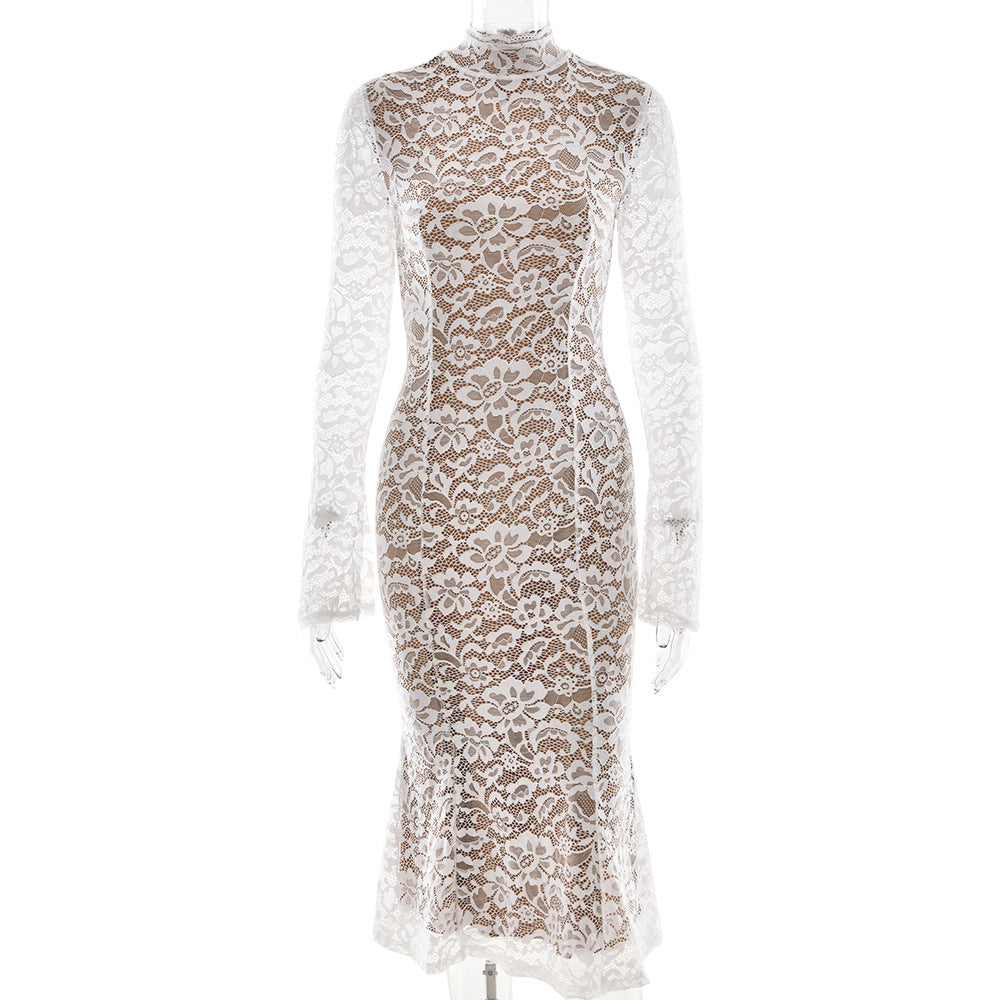 Fashion Lace Long Sleeve Mid-length Sexy Slim Fishtail Dress