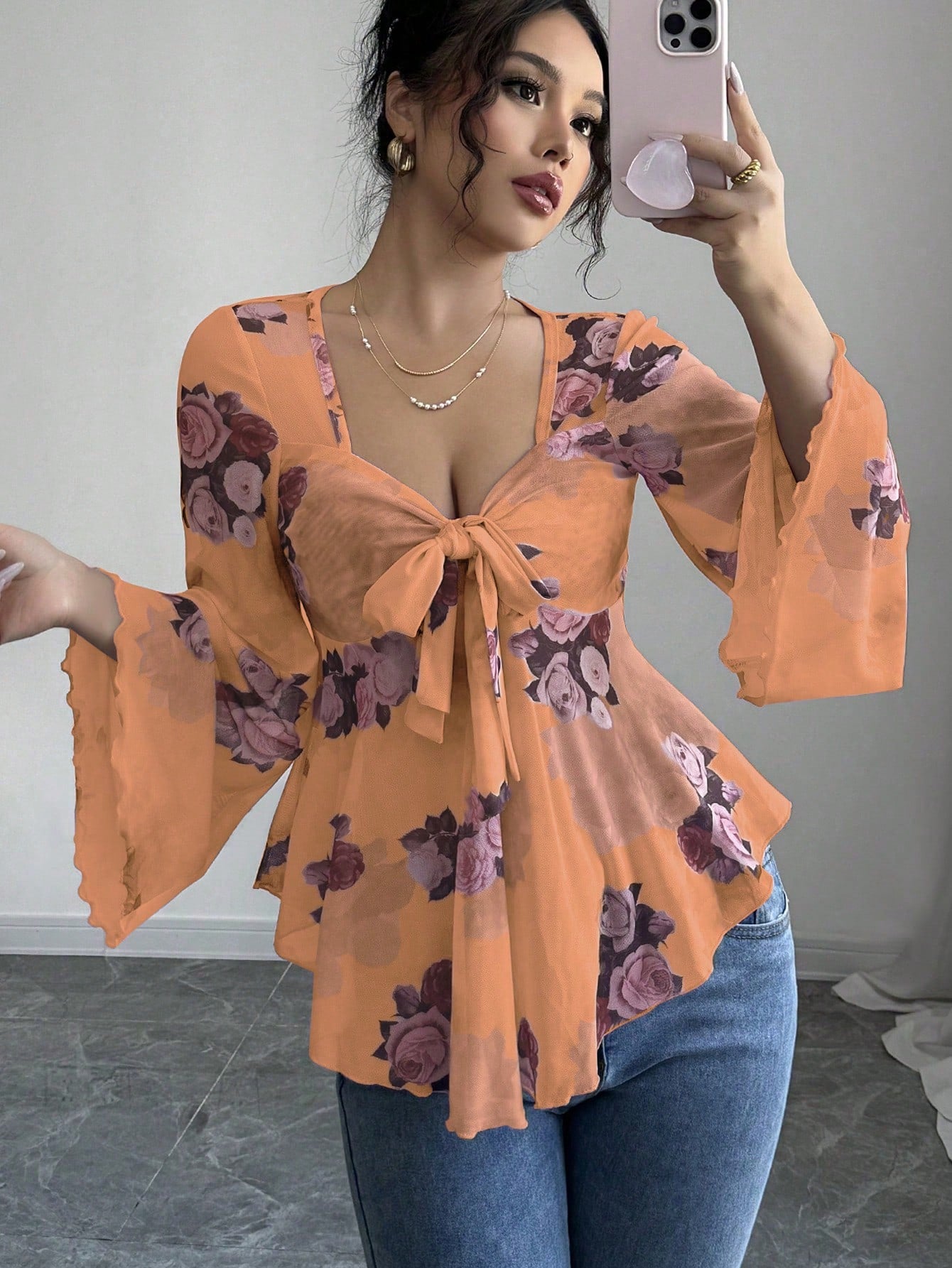 Design Sense French Sweet Flower Blooming Square Collar Long Blouse
