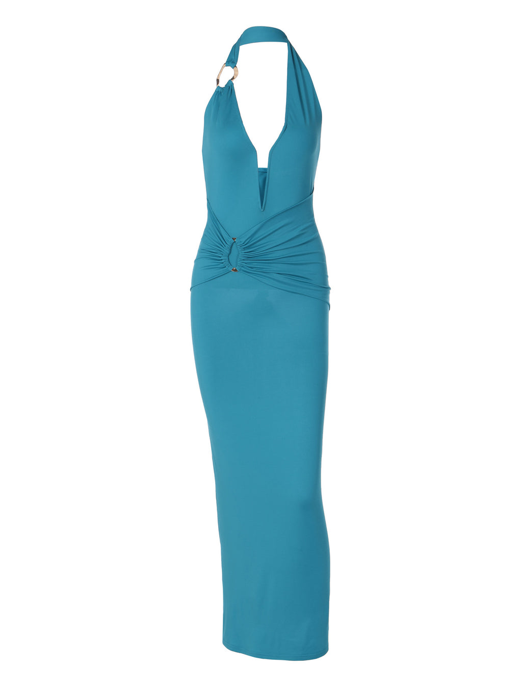 Women's Sexy Stitching Steel Ring Halter Slim Fit Pleated Patch Long Dress
