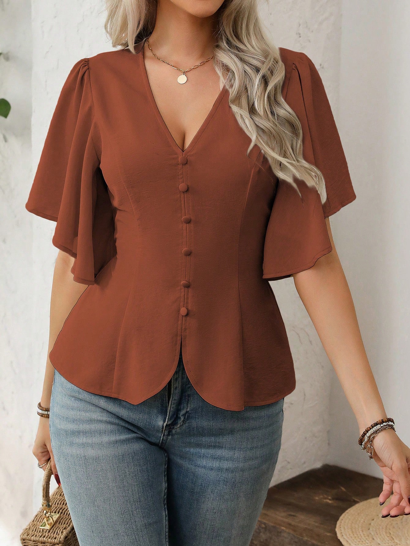 Women's Fashionable Elegant Style Deep Solid Color Single-breasted Waist Tops