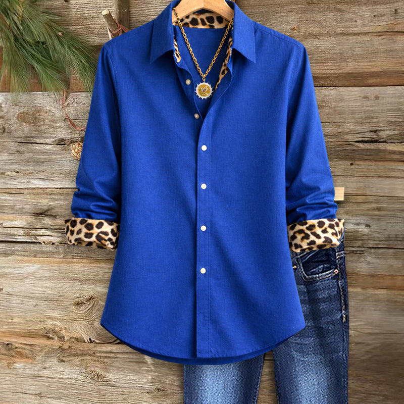 Women's Spring Solid Color Leopard Splicing Long Blouse
