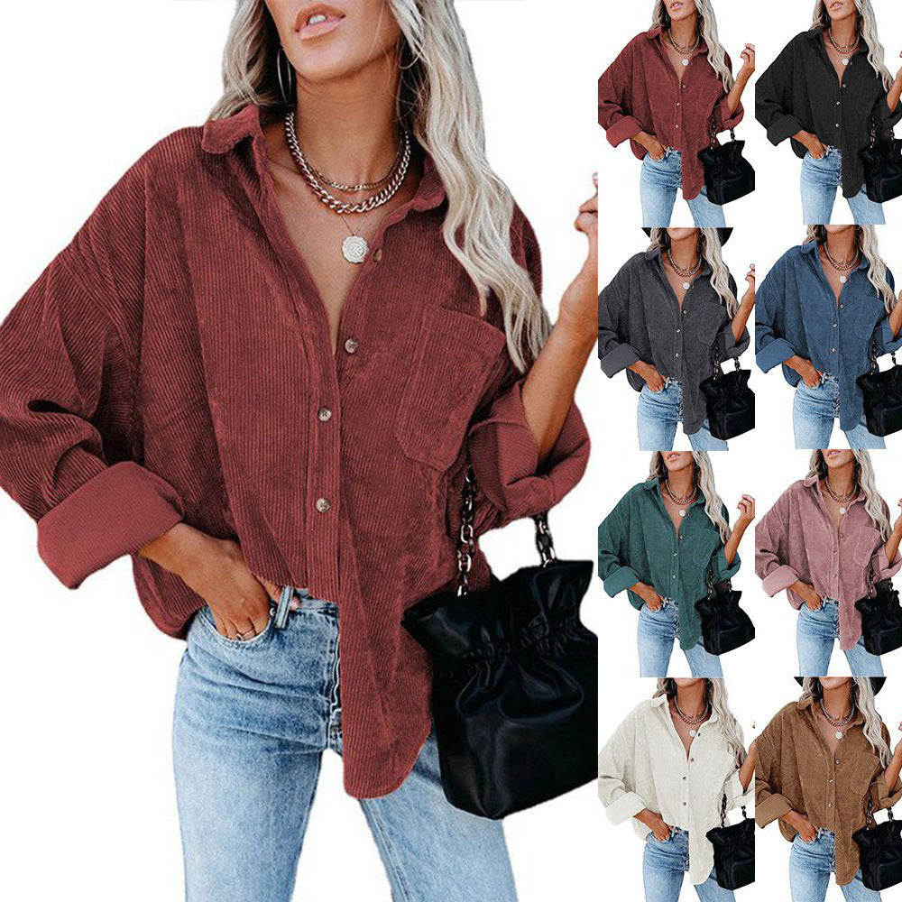 Durable Women's Loose Leisure Corduroy Shirt Blouse