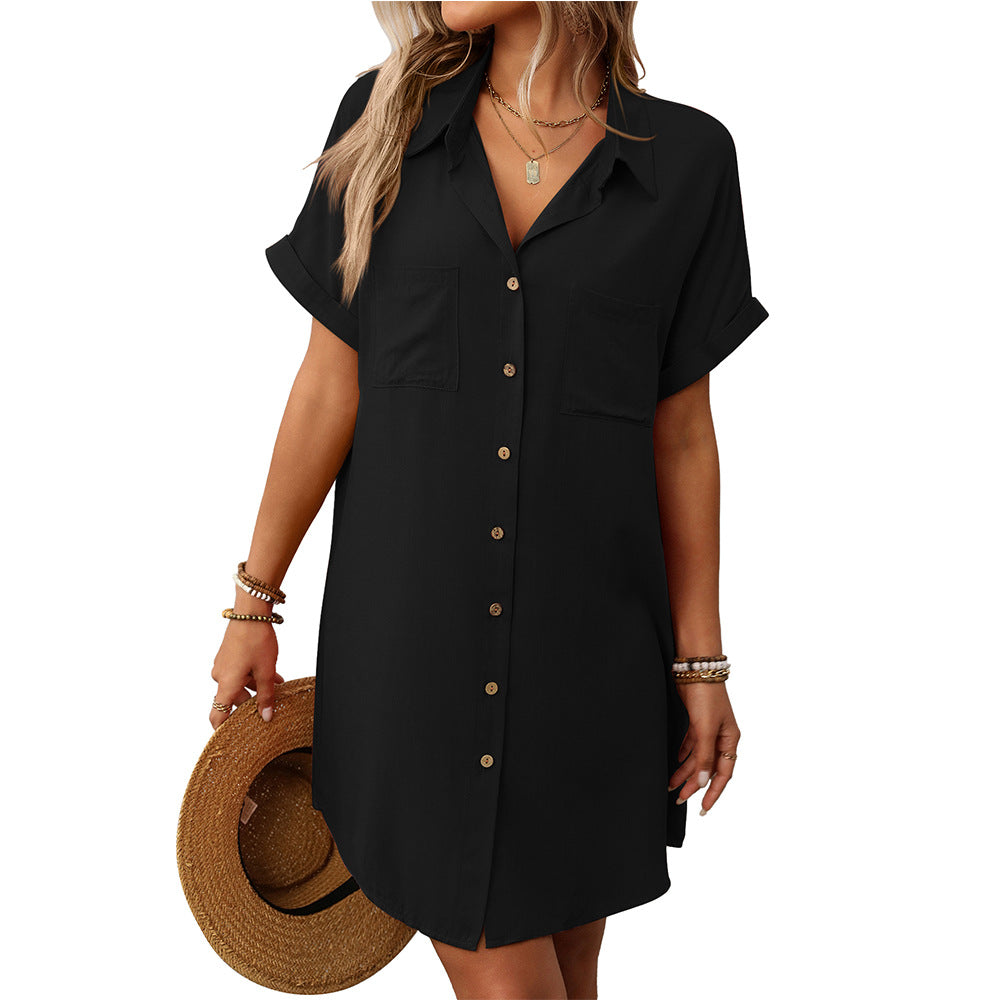 Women's Summer Short-sleeved Striped Cotton Linen Mid-length Dress