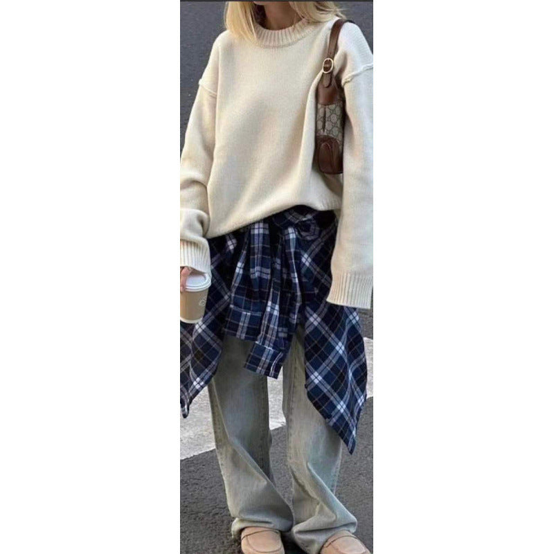 Women's Style Lapel Loose Shirt Autumn Plaid Long Blouse