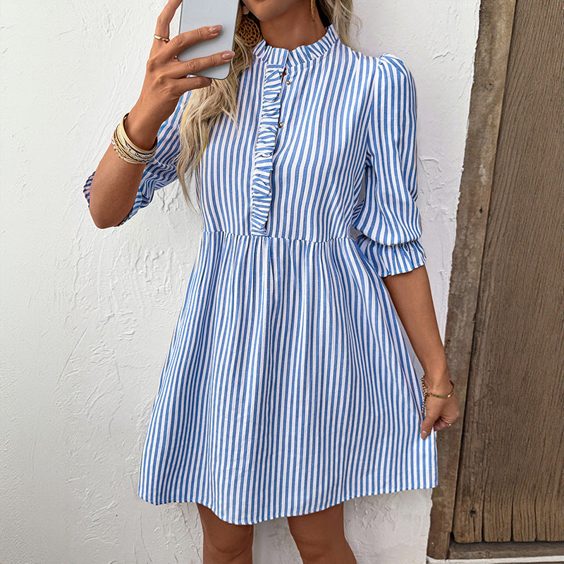 Women's Wooden Ear Summer Vertical Striped Shirt Dress