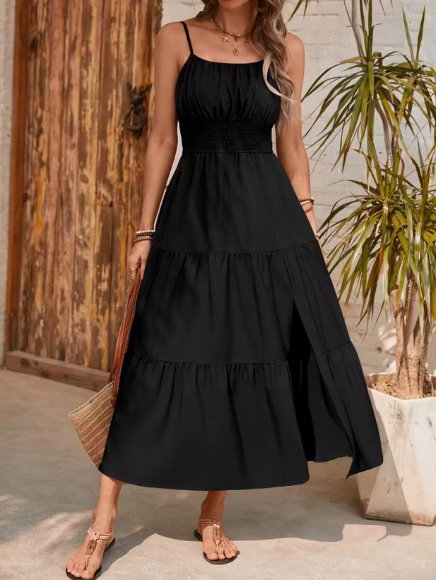 Women's Sling Layered Slim Waist Solid Color Dress
