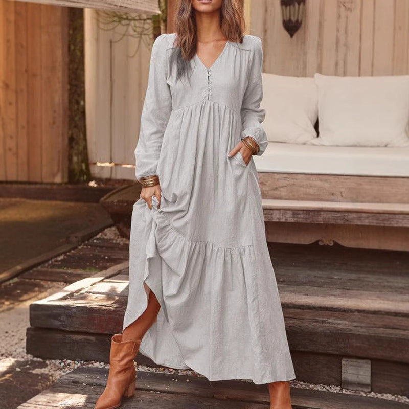Women's Button Cotton Linen Retro Casual Long-sleeved Large Dress
