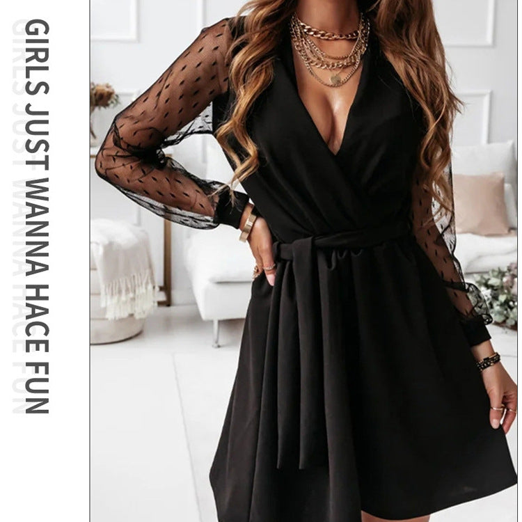 Fashion Temperament Mesh Stitching Elegant Long Sleeve Big Dress