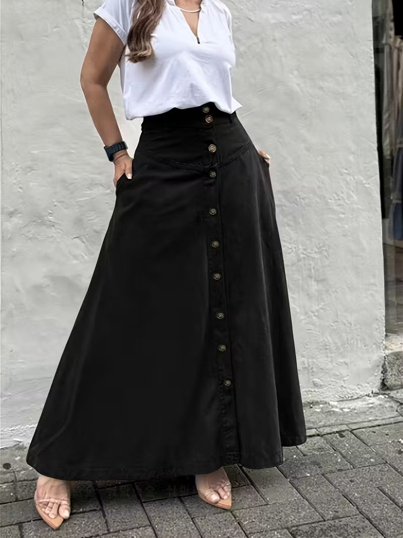 Women's Elegant High Waist Pocket Button Front Slit A- Line Skirts
