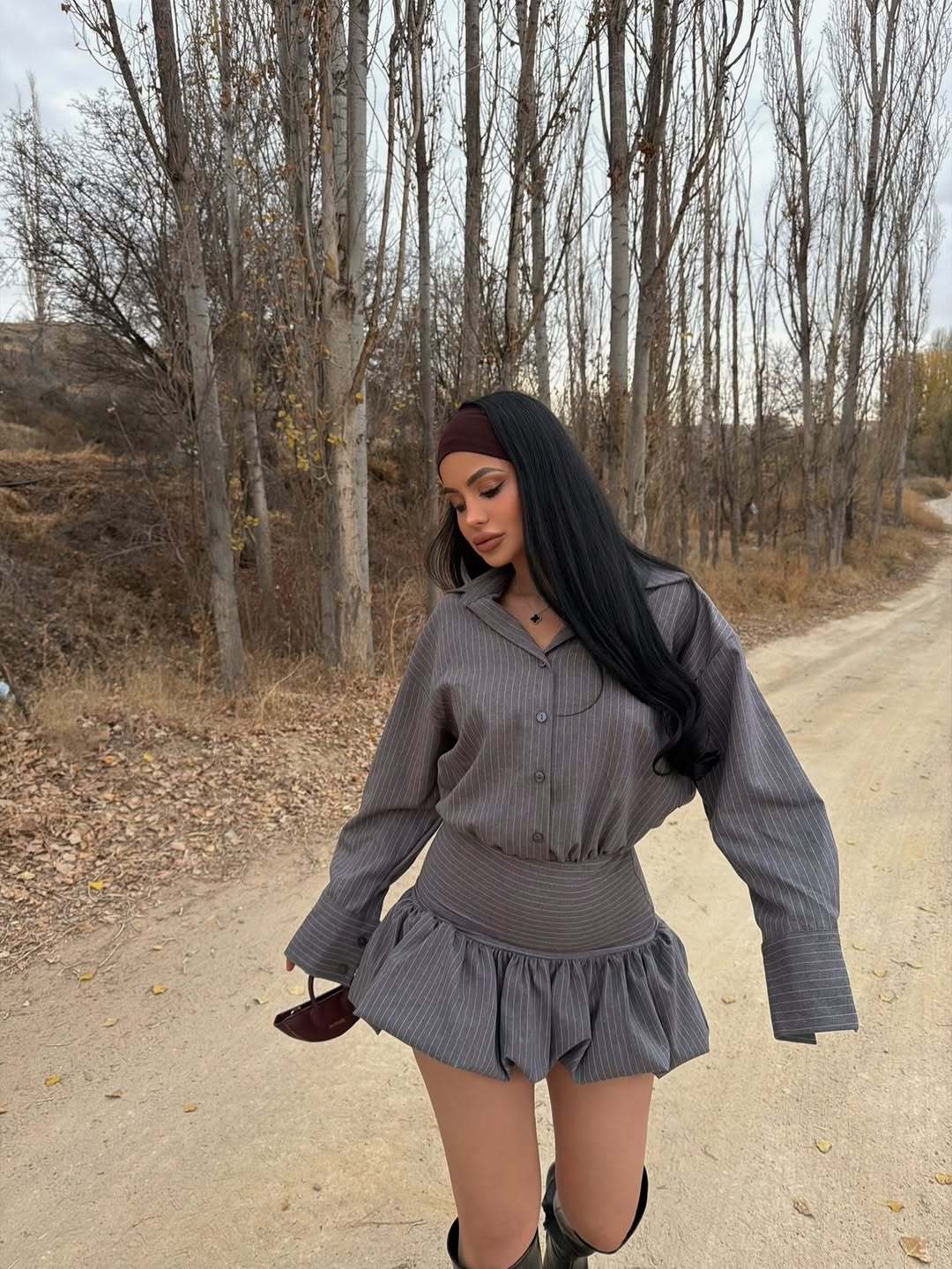 Women's Sweet Fresh Striped Long-sleeved Shirt High Waist Two Skirts