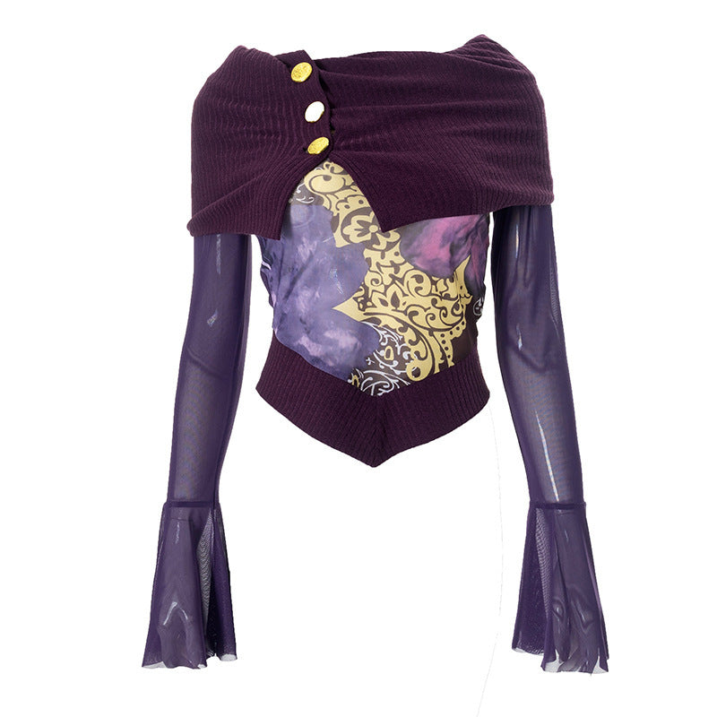 Women's Oblique Shoulder Long Sleeve Printed Stitching Mesh Tops