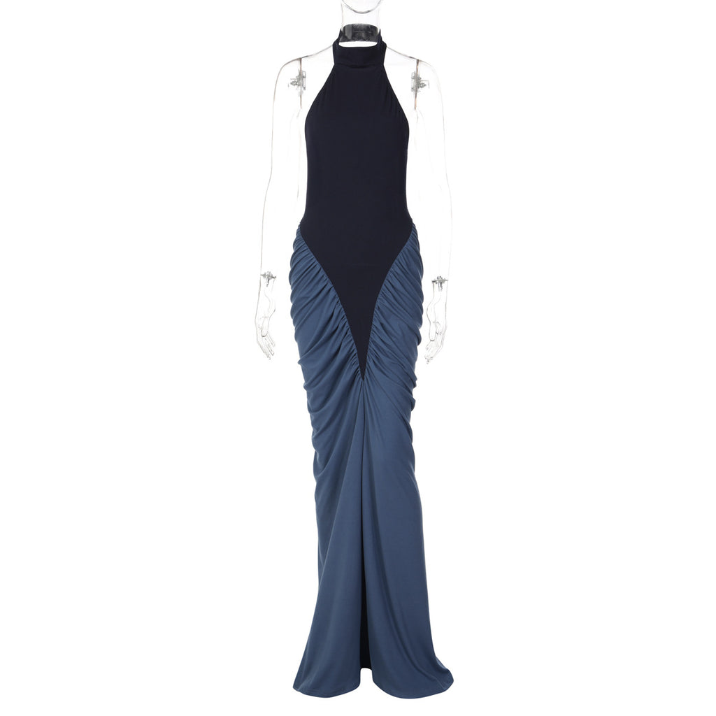 Women's Sexy Backless Halter Stitching Contrast Color Clothing