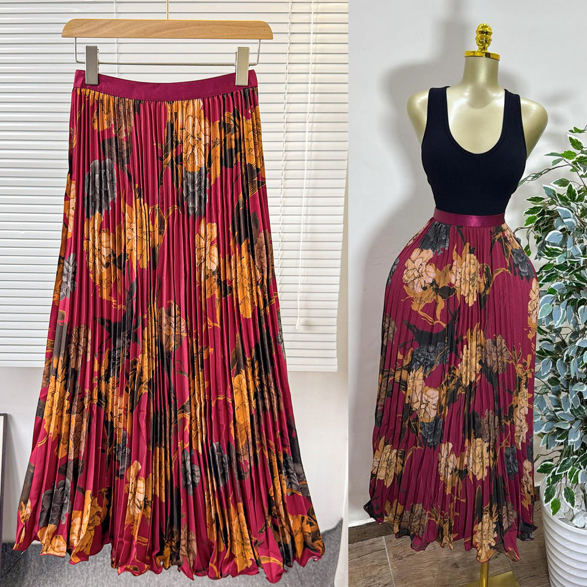 Women's Retro Printed High Waist A- Line Mid-length Pleated Large Hem Skirt