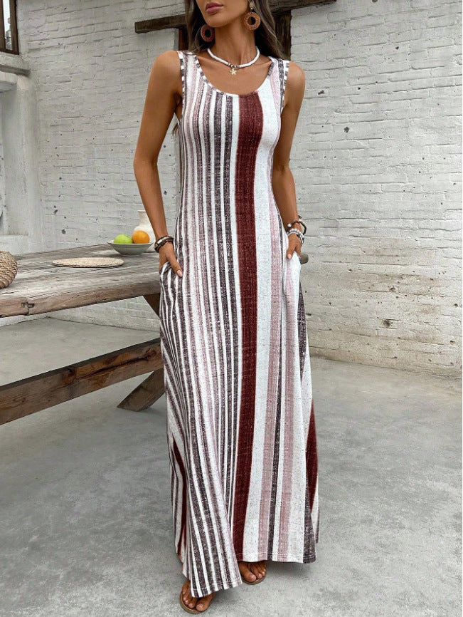 Women's Fashion Casual Sleeveless Striped Round Neck Pocket Clothing