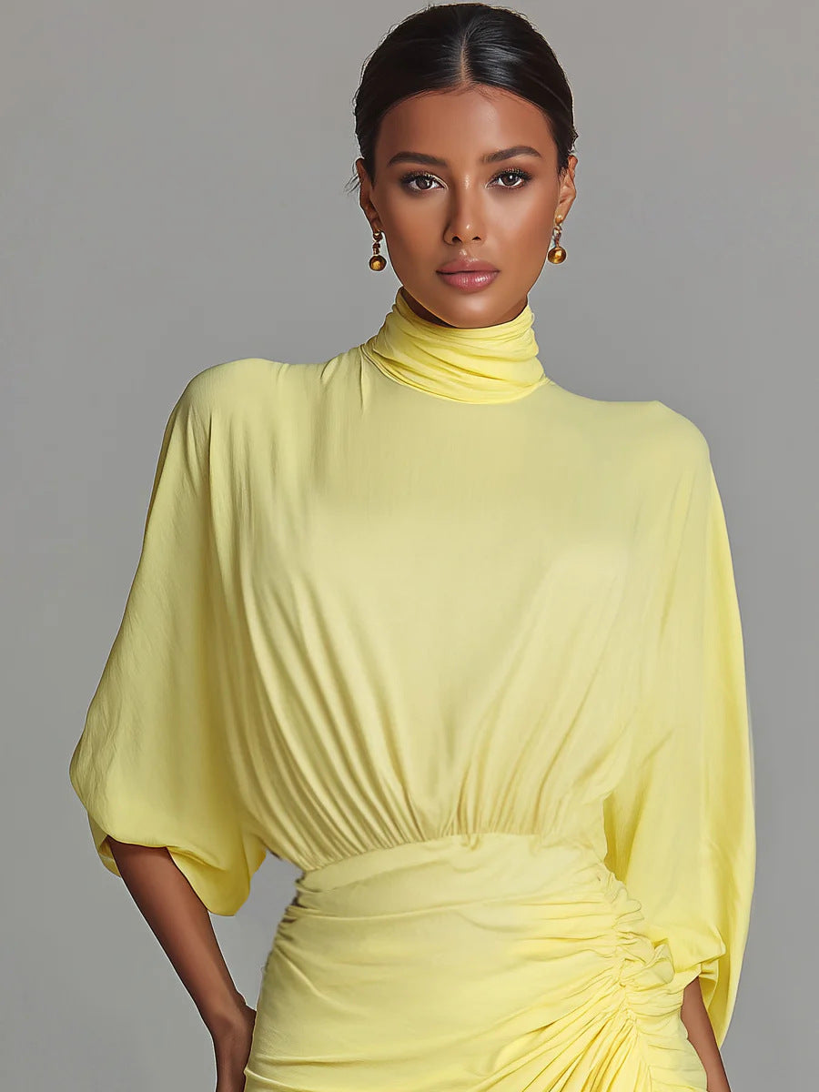 Women's Yellow Pleated Elegant Turtleneck Long Dress